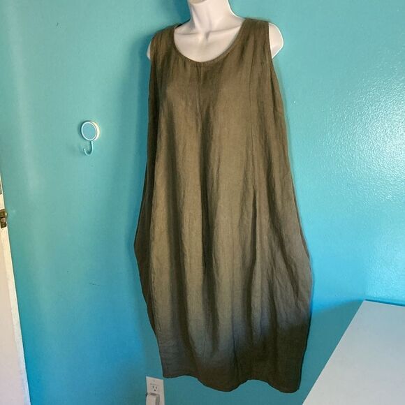Oversized Olive Green 100% Linen Dress Avant Garde Like Rundholz "One Size" - Picture 3 of 11